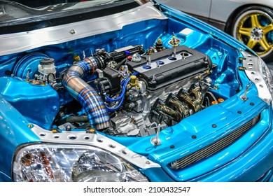 Details of blue car engine. Modification of the turbo engine - Shutterstock ID 2100432547