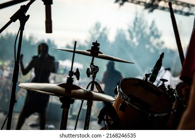 Details of a drum kit at a rock concert, Close-up of crash and hi-hat