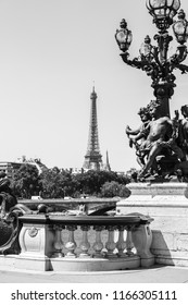Details of the famous Pont Alexandre III bridge in central Paris with Eiffel Tower in the distance in black and white. Paris, France