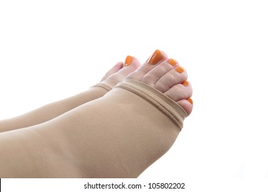 Details Of  Feet Of A Pregnant Woman With A Compression Stocking