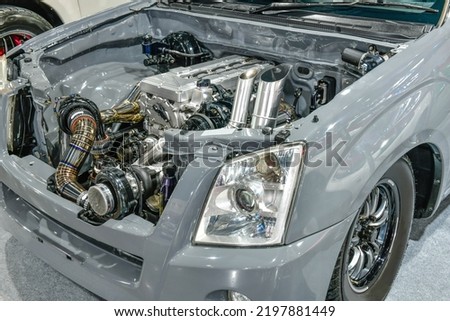 Details of grey car engine. Modification of the turbo engine