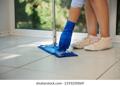 Details: Hands In Blue Rubber Work Gloves Of A Housewife Or Maid Putting On A Cloth On The Mop While Mopping The Floor In The House. Housekeeping. Professional Cleaning Service. Chores. Housework