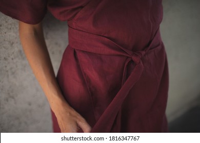 Details Hands Woman Wearing Linen Dress