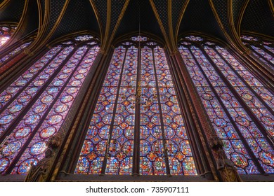 Details of the interior windows of the holy chapel (Sainte Chapelle) in Paris. Gothic royal church. Paris, France, September 2, 2017.