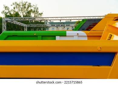 Details Of A Large Quarry Bulldozer. Exhibition Of Cars, Tractors, Dump Trucks And Other Equipment For The Mining Industry. Spare Parts Of Construction Machinery.