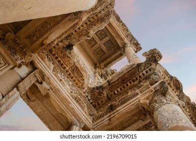 Details from Library of Celsus at Ancient City of Ephesus. One of the most popular touristic landmarks in Turkey. Ancient Roman architecture. Historical marble building.