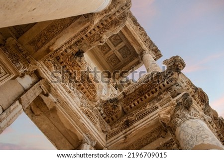 Details from Library of Celsus at Ancient City of Ephesus. One of the most popular touristic landmarks in Turkey. Ancient Roman architecture. Historical marble building.