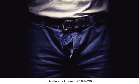 Details Of A Man's Pants, Open Zipper. 