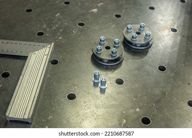 Details Of Metal Structures. Rivet Nuts In Metal. Furniture Production, Workshop.