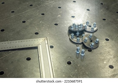 Details Of Metal Structures. Rivet Nuts In Metal. Furniture Production, Workshop.