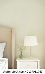 Details Modern Bedroom Interior With White Lamp And Soft Headboard