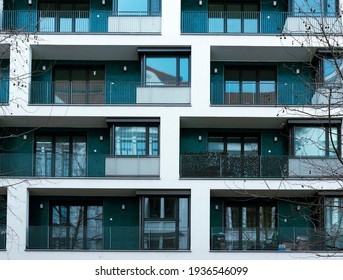 Details In Modern Blue And White Residential Flat Apartment Building Exterior And Offices, European Architectural Complex, Downtown Building