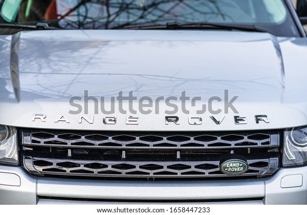 Details of modern car Range rover parked on street\
in Bucharest, Romania,\
2020.