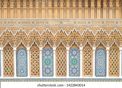Details of Moorish bas-relief decoration over the golden gate of Fes royal palace
