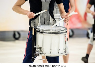 Details From A Music, Show And Marching Band. Playing Musicians With Percussion Instruments During A Show Training