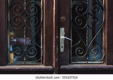 Details of an old retro wooden doors with glass. 