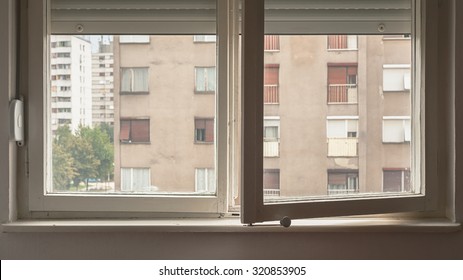 Details Of An Old Wooden Window Inside Apartment. Retro Style, Poor Kind Of Living. 