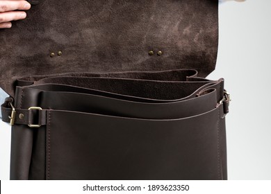 Details Of Open Brown Men's Shoulder Leather Bag For A Documents And Laptop On The Shoulders Of A Man In A Blue Shirt And Jeans With A White Background. Satchel, Mens Leather Handmade Briefcase.