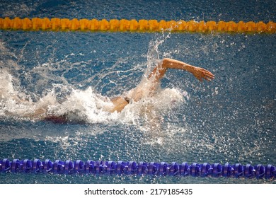 Details With A Professional Female Athlete Swimming In A Competition Swimming Pool.