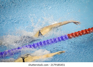 Details With A Professional Female Athlete Swimming In A Competition Swimming Pool.