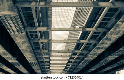 Details of the structure of the bridge. View from the bottom.