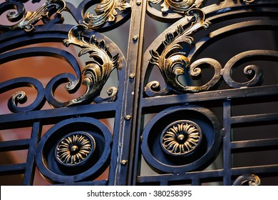 Details, Structure And Ornaments Of Wrought Iron Fence With Gate