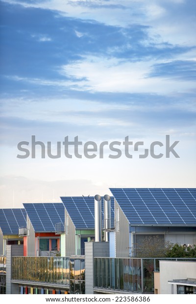 Details of the Sunship in green City, Freiburg.\
The solar sunship is in the solar village Vauban in Freiburg, Black\
Forest, Germany. It is known for its use of alternative and\
renewbale energy.