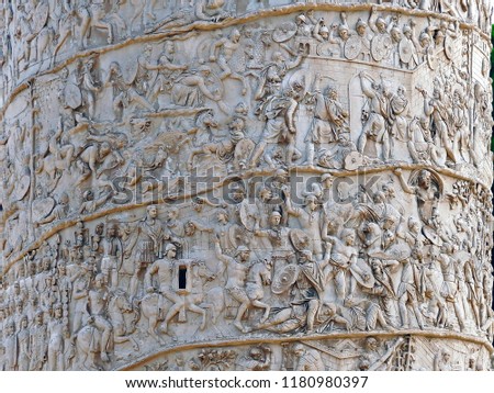 Details of Trajan's Column. It is a Roman triumphal column in Rome, Italy, that commemorates Roman emperor Trajan's victory in the Dacian Wars