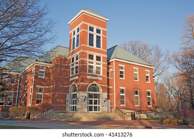 Detchon Center for Modern Languages and International Studies on the campus of Wabash College, an all-male liberal arts school in Crawfordsville, Indiana with a bright blue sky