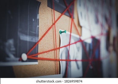 Detective Board With Crime Scene Photos And Red Threads, Closeup