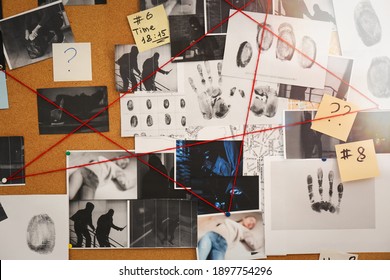 Detective Board With Crime Scene Photos, Stickers, Clues And Red Thread, Closeup