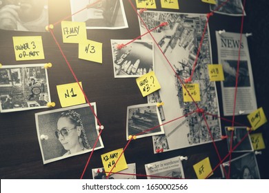 Detective board with crime scenes, photos of suspects and victims, evidence with red threads, vintage toned