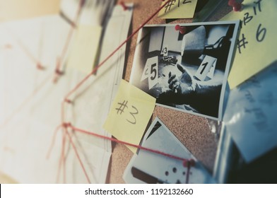 Detective Board With Evidence, Crime Scene Photos And Map. High Contrast Image