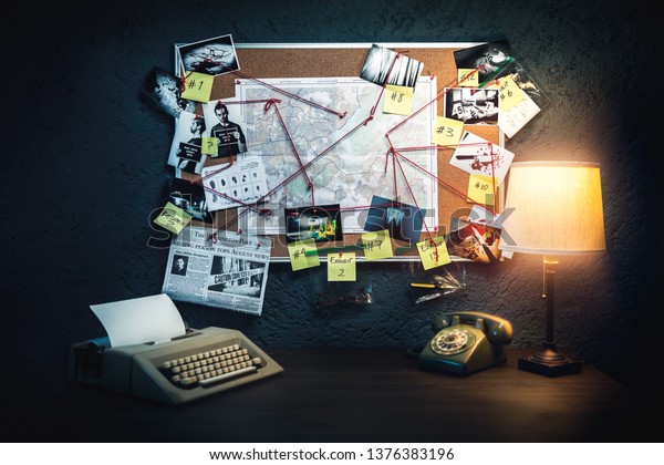 Detective board with evidence, crime scene photos\
and map. high contrast\
image