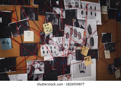 Detective Board With Fingerprints, Crime Scene Photos And Red Threads