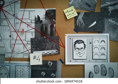 Detective board with fingerprints, crime scene photos and red threads, closeup
