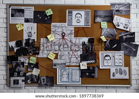 Detective board with fingerprints, photos, map and clues connected by red string on white brick wall Сток-фото © 