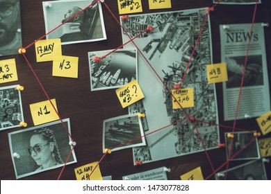 Detective board with photos of suspected criminals, crime scenes and evidence with red threads, selective focus, retro toned - Shutterstock ID 1473077828
