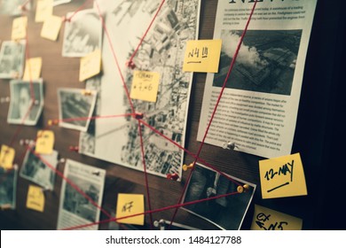 Detective board with photos of suspected criminals, crime scenes and evidence with red threads, selective focus, retro toned - Shutterstock ID 1484127788