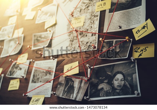 Detective\
board with photos of suspected criminals, crime scenes and evidence\
with red threads, selective focus, retro\
toned