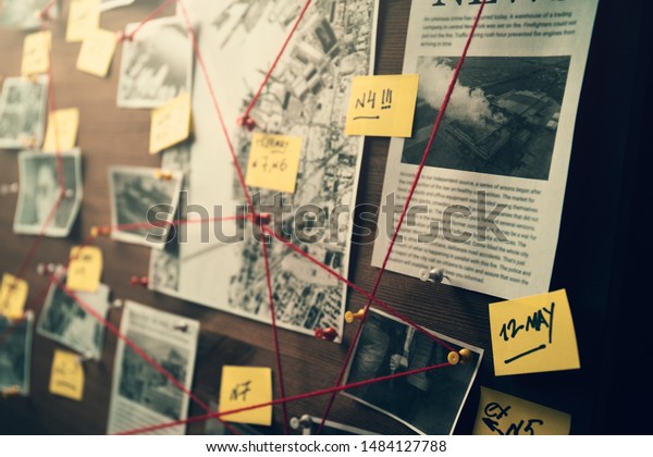 Detective
board with photos of suspected criminals, crime scenes and evidence
with red threads, selective focus, retro
toned