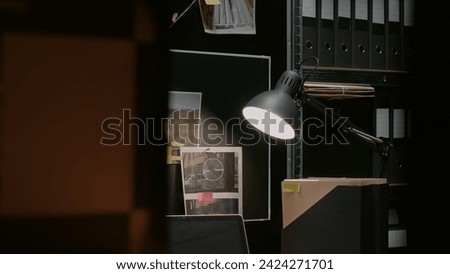 Detective board in private investigation room, surveillance map filled with research photos and case files. Police archive office with statements for detective work, law security.