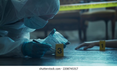 Detective Collecting Evidence In A Crime Scene. Forensic Specialists Making Expertise At Home Of A Dead Person. Homicide Investigation By Professional Police Officer.