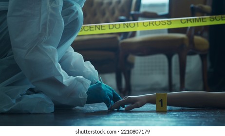 Detective Collecting Evidence In A Crime Scene. Forensic Specialists Making Expertise At Home Of A Dead Person. Homicide Investigation By Professional Police Officer.