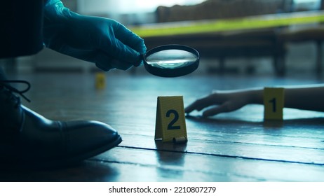 Detective Collecting Evidence In A Crime Scene. Forensic Specialists Making Expertise At Home Of A Dead Person. Homicide Investigation By Professional Police Officer.