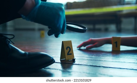 Detective Collecting Evidence In A Crime Scene. Forensic Specialists Making Expertise At Home Of A Dead Person. Homicide Investigation By Professional Police Officer.