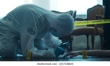 Detective Collecting Evidence In A Crime Scene. Forensic Specialists Making Expertise At Home Of A Dead Person. Homicide Investigation By Professional Police Officer.