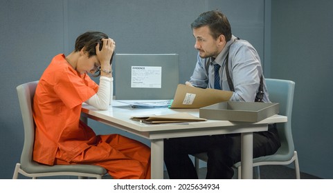 Detective In The Interrogation Room With A Box Of Evidence Girl Not Looks At Him