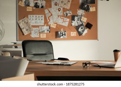 Detective Office Interior With Big Wooden Desk And Evidence Board