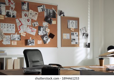 Detective Office Interior With Big Wooden Desk And Evidence Board